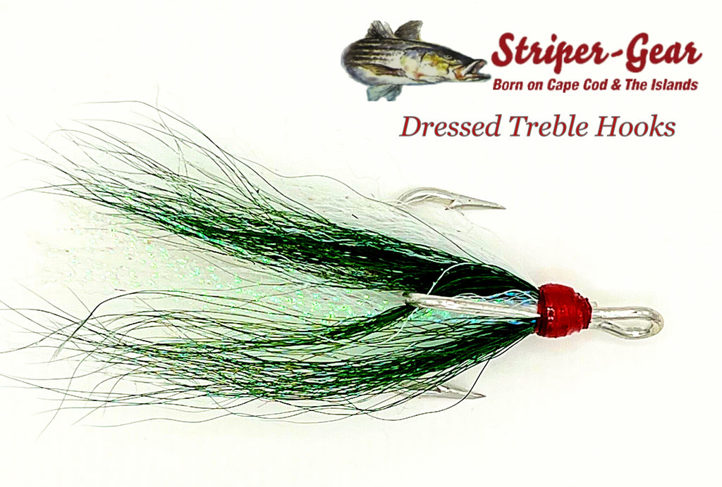 colored fishing hooks Striper Gear Dressed Treble Hooks – Grumpys Tackle