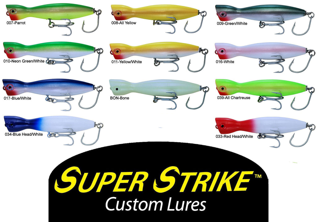 Super Strike Floating Little Neck Poppers 2 1/4 oz / White/Blue Head